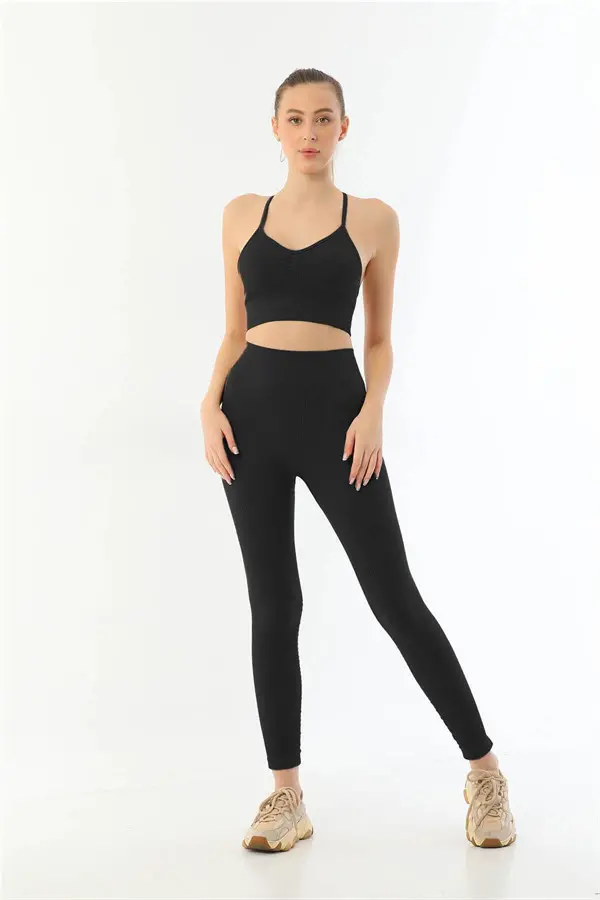 Siyah MI Emay 3921 Soft Seamless Ripli Tayt Yoga Takımı