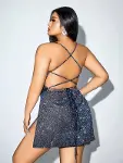 Özel Tasarım Büyük Beden Payetli Parlak Işıltılı Siyah Kurdelalı Mini Club Elbisesi-3