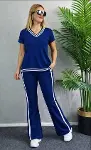 Kadın Kısa Kollu V Yakalı Viskon Iki Iplik Bluz Ve Pantolon Ikili Takım-1