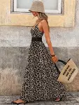 Kadın Ip Askılı Beli Ve Sırtı Dantelli Leopar Desenli Uzun Süprem Elbise-3
