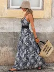 Kadın Ip Askılı Beli Ve Sırtı Dantelli Leopar Desenli Uzun Süprem Elbise-3