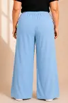 Battal Beden Bürümcük Kumaş Beli Lastikli Bağcıklı Bol Paça Palazzo Pantolon - Bebek Mavisi-4