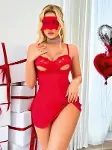 Closet Kırmızı Göğüs Dekolteli Göz Bantlı String Tül Gecelik Takımı-4