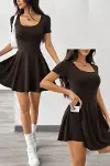 Kadın Kısa Kollu Kare Yakalı Cep Detaylı Dalgıç Elbise Tulum-1