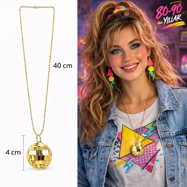 Retro Disko Topu Şekilli 80'ler 90'lar Altın Renk Plastik Kolye (4745)