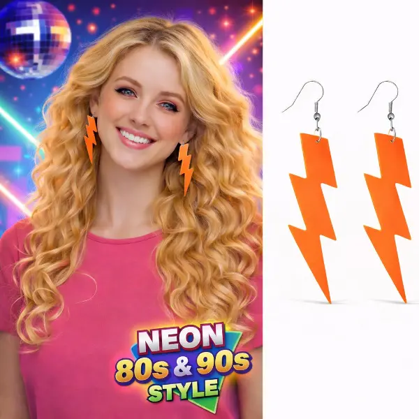80’ler 90'lar Retro Neon Turuncu Şimşek Küpe 10 cm (4745)