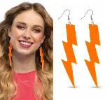 80’ler 90&amp;apos;lar Retro Neon Turuncu Şimşek Küpe 10 cm (4745)-5