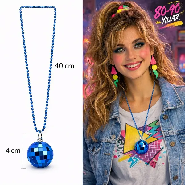 Retro Disko Topu Şekilli 80'ler 90'lar Mavi Renk Plastik Kolye (4745)