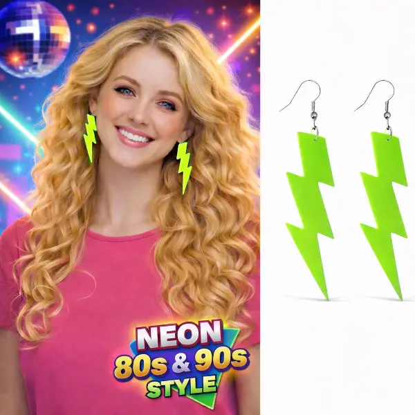 80’ler 90'lar Retro Neon Yeşil Şimşek Küpe 10 cm (4745)