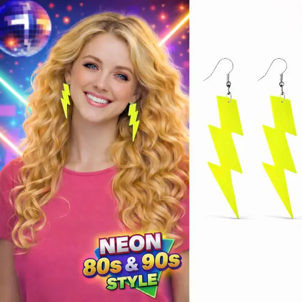 80’ler 90'lar Retro Neon Sarı Şimşek Küpe 10 cm (4745)