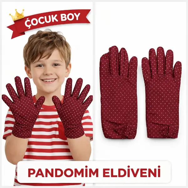Çocuk Boy Pandomim Eldiveni Beyaz Puantiyeli Bordo Renk Gösteri Eldiveni 23 Nisan 19 Mayıs (4745)
