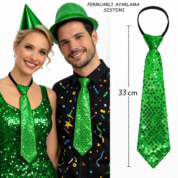 Yeşil Renk Pul Payetli Işıltılı Parti Kravatı 33 cm (4745)