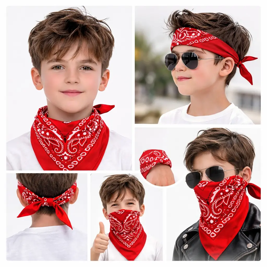Kırmızı Kovboy Fuları Çocuk Bandana Western Desenli Boyun Fuları (4745)-2