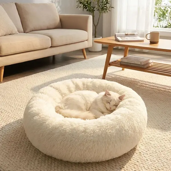 Yuvarlak Ultra Yumuşak Welsoft Peluş Kedi ve Köpek Yatağı – Kaymaz Taban Tüylü Pet Pufu,Uyku Minderi (krem) (4745)
