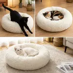Yuvarlak Ultra Yumuşak Welsoft Peluş Kedi ve Köpek Yatağı – Kaymaz Taban Tüylü Pet Pufu,Uyku Minderi (krem) (4745)-3