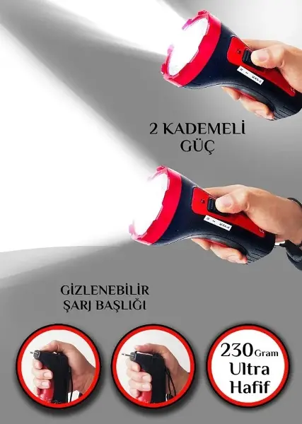 Şarjlı 10w Projektör Led El Feneri 2 Mod Aydınlatmalı Uzun Menzil Işıldak Kambur Fener (4745)