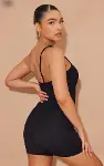 Kadın Asimetrik Askılı Mini Kaşkorse Bodycon Tulum-5