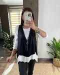 Kadın Uzun Kollu Asimetrik Kesim Viskon Bluz Ve çatlak Deri Görünümlü Yelek Ikili Takım-2