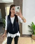 Kadın Uzun Kollu Asimetrik Kesim Viskon Bluz Ve çatlak Deri Görünümlü Yelek Ikili Takım-3
