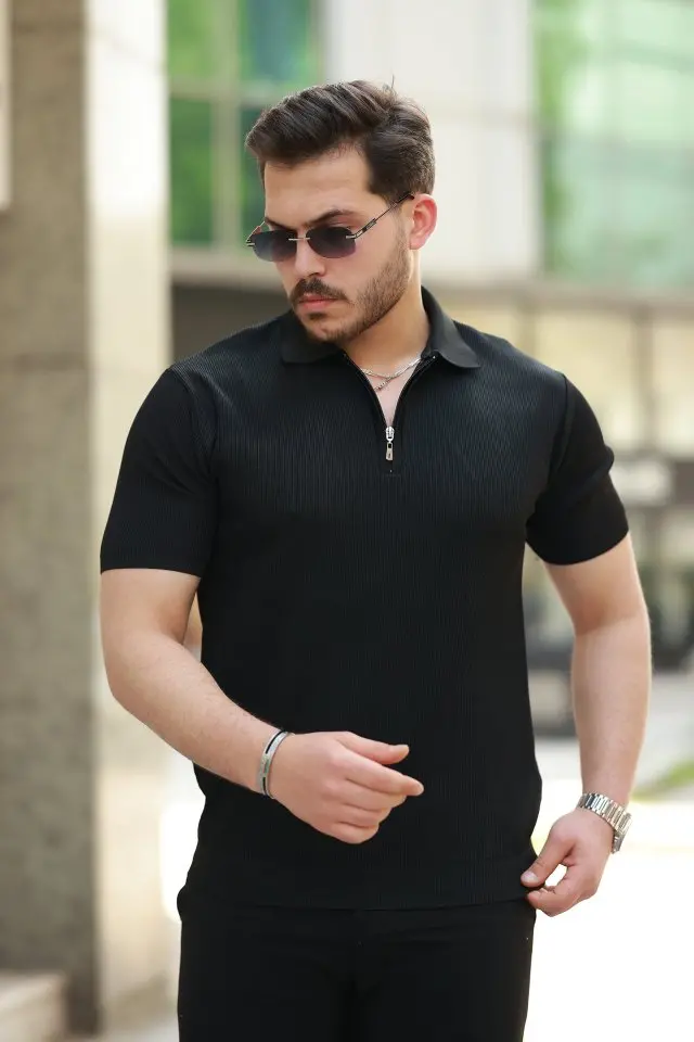 Erkek Fermuarlı Yakalı Kısa Kollu Tshirt