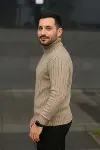 Erkek Balıkcı Yaka Bağazlı Triko Kazak Pamuklu Kalın Fitilli Dokuma, Regular Fit Uzun Kollu Kışlık Model - Bej-2