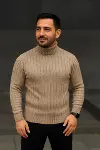 Erkek Balıkcı Yaka Bağazlı Triko Kazak Pamuklu Kalın Fitilli Dokuma, Regular Fit Uzun Kollu Kışlık Model - Bej-4