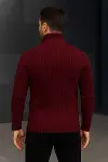 Erkek Balıkcı Yaka Bağazlı Triko Kazak Pamuklu Kalın Fitilli Dokuma, Regular Fit Uzun Kollu Kışlık Model - Bordo-2