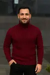 Erkek Balıkcı Yaka Bağazlı Triko Kazak Pamuklu Kalın Fitilli Dokuma, Regular Fit Uzun Kollu Kışlık Model - Bordo-3