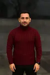 Erkek Balıkcı Yaka Bağazlı Triko Kazak Pamuklu Kalın Fitilli Dokuma, Regular Fit Uzun Kollu Kışlık Model - Bordo-4