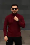 Erkek Balıkcı Yaka Bağazlı Triko Kazak Pamuklu Kalın Fitilli Dokuma, Regular Fit Uzun Kollu Kışlık Model - Bordo-1