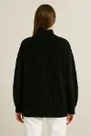 KADIN Yarım Fermuarlı Triko Kazak – Selanik Örgü, Dik Yaka, Pamuklu Dokuma, Oversize Uzun Kollu Kışlık Model - Siyah-3