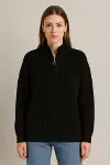 KADIN Yarım Fermuarlı Triko Kazak – Selanik Örgü, Dik Yaka, Pamuklu Dokuma, Oversize Uzun Kollu Kışlık Model - Siyah-4