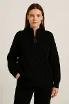 KADIN Yarım Fermuarlı Triko Kazak – Selanik Örgü, Dik Yaka, Pamuklu Dokuma, Oversize Uzun Kollu Kışlık Model - Siyah-1