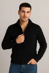 Erkek Yarım Fermuarlı Triko Kazak – Selanik Örgü, Dik Yaka, Pamuklu Dokuma, Regular Fit Uzun Kollu Kışlık Model - Siyah-1
