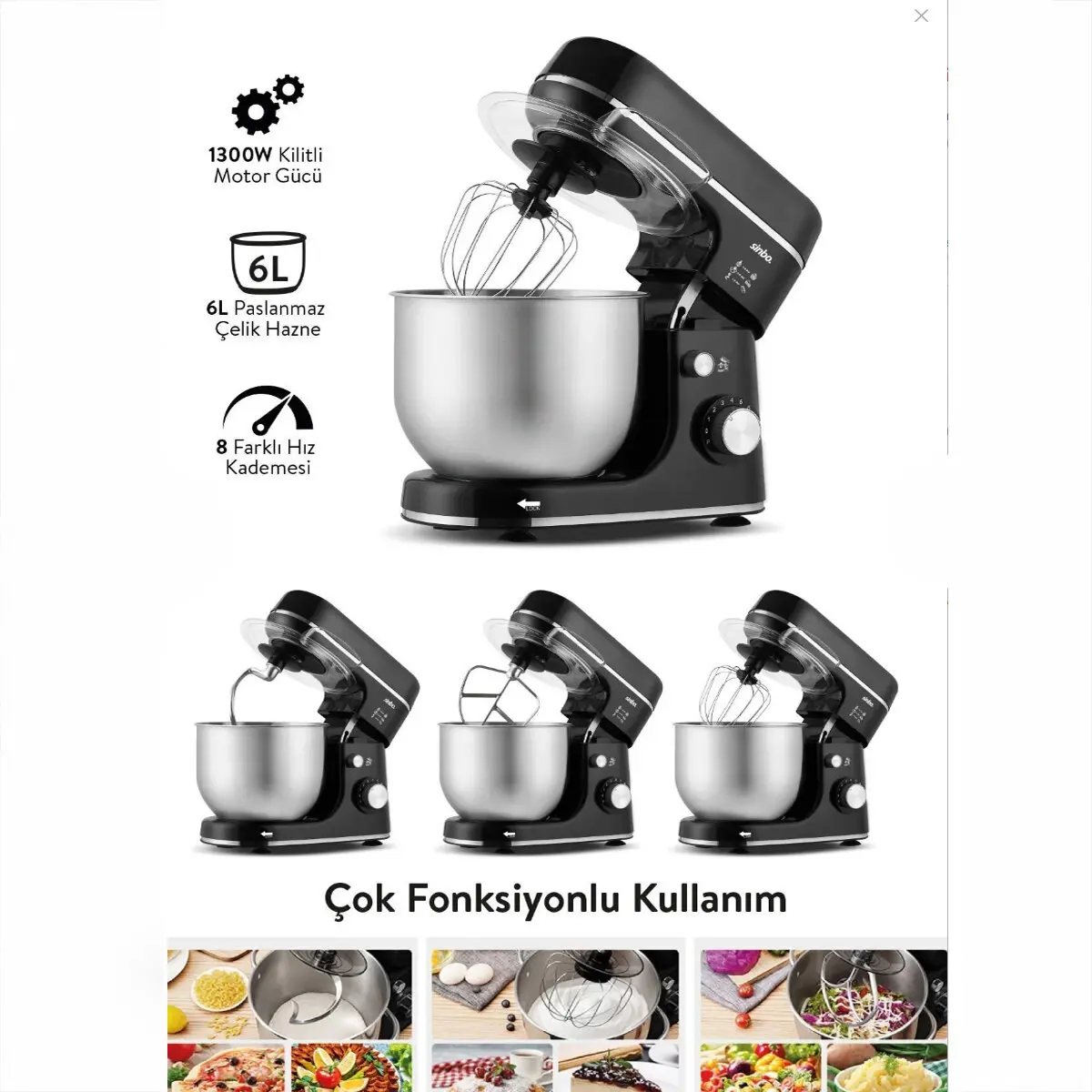 SİYAH STANDLI MİKSER ÇIRPICI - HAMUR YOĞURUCU - KARIŞTIRICI 8 KADEME HIZ AYAR 6L ÇELİK HAZNE 1300W SMX-2769 (4745)-2