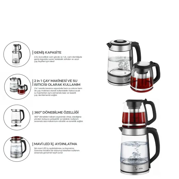 2İN1= ÇAYCI - KETTLE ÇELİK ELEKTRİKLİ ÇAY MAKİNESİ 2LT + 1,2LT ÇAY SÜZGEÇLİ 360° DÖNEBİLİR STM-5990 (4745)