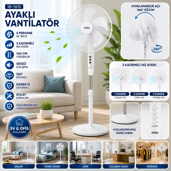 BEYAZ 5 PERVANE - 16 INC EV - OFİS KOMPAKT - SESSİZ - ÜÇ KADEME 140CM YÜKSEKLİK AYAKLI VANTİLATÖR SF-6789 (4745)