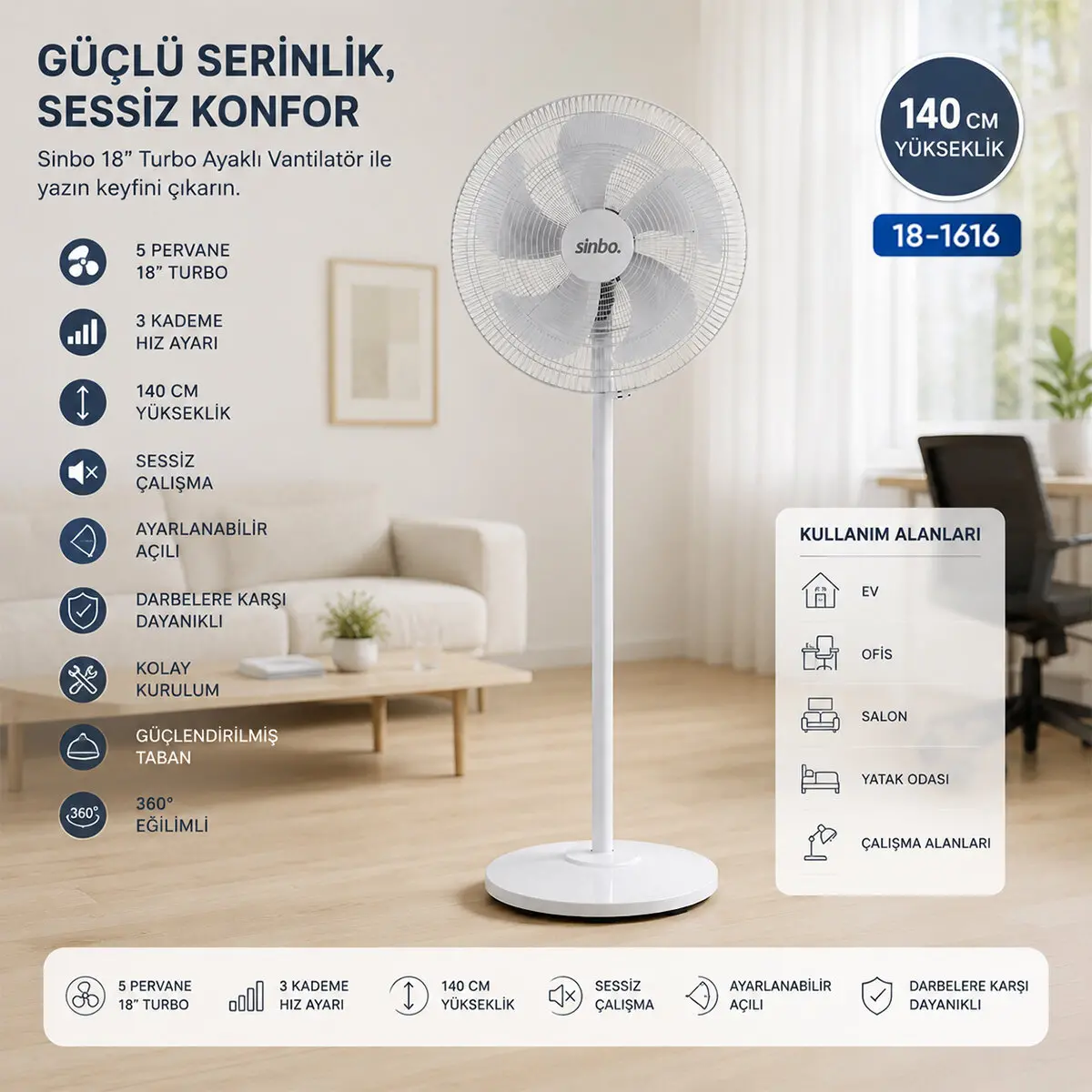 BEYAZ 5 PERVANE - 18 INC EV - OFİS KOMPAKT - SESSİZ - ÜÇ KADEME 140CM YÜKSEKLİK AYAKLI VANTİLATÖR SF-6798 (4745)