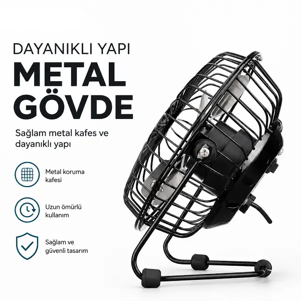 USB ŞARJLI - METAL GÖVDE 14.5X7.5X15CM MİNİ MASAÜSTÜ FAN - VANTİLATÖR EFN-482 (4745)