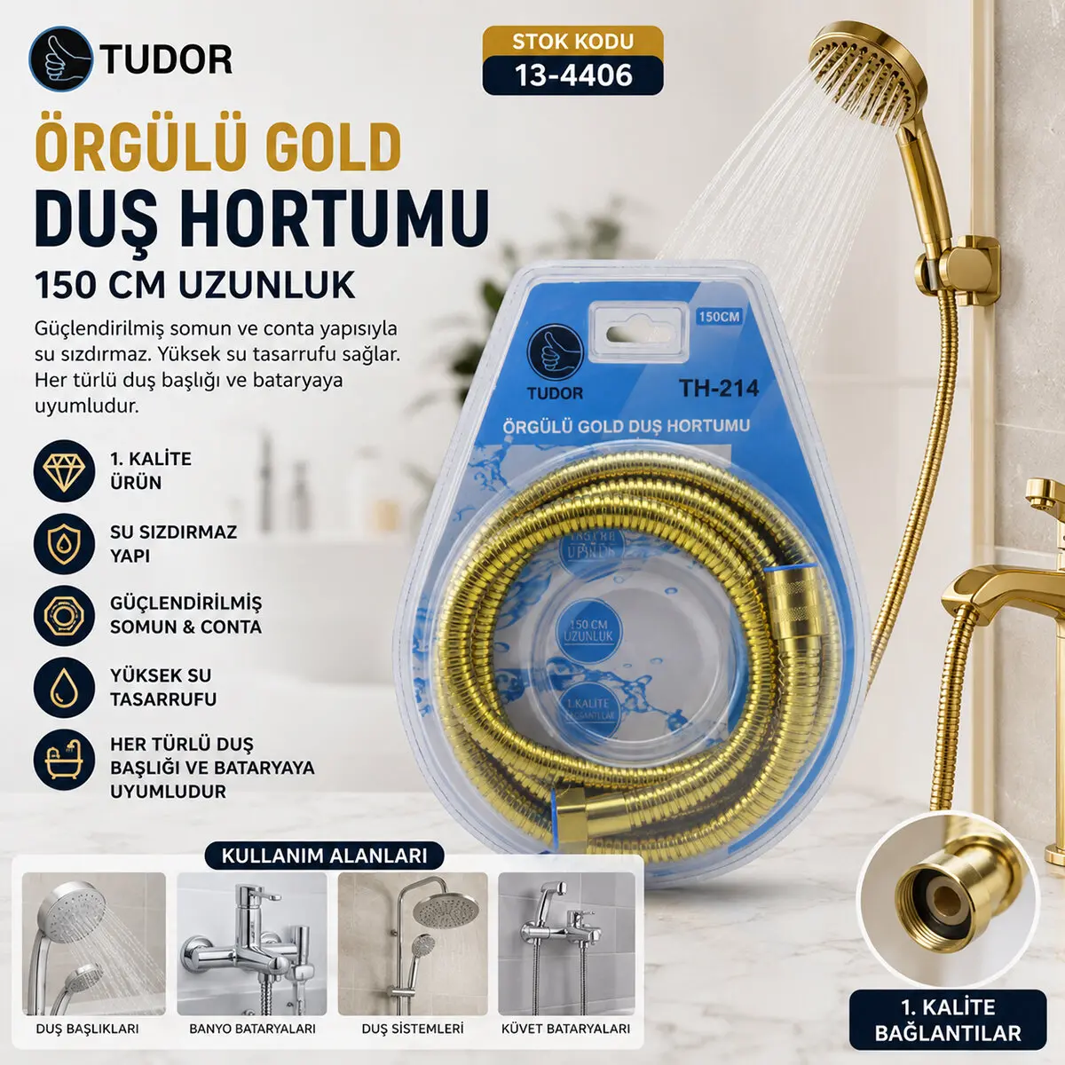 GOLD ÖRGÜLÜ DUŞ HORTUMU 150CM VAKUMLU AMBALAJ (4745)