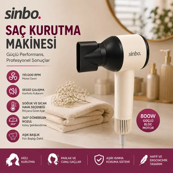 PEMBE SAÇ KURUTMA MAKİNESİ 110.000 RPM SESSİZ ÇALIŞMA - 3 HIZ - SICAKLIK AYAR SHD-1755 (4745)