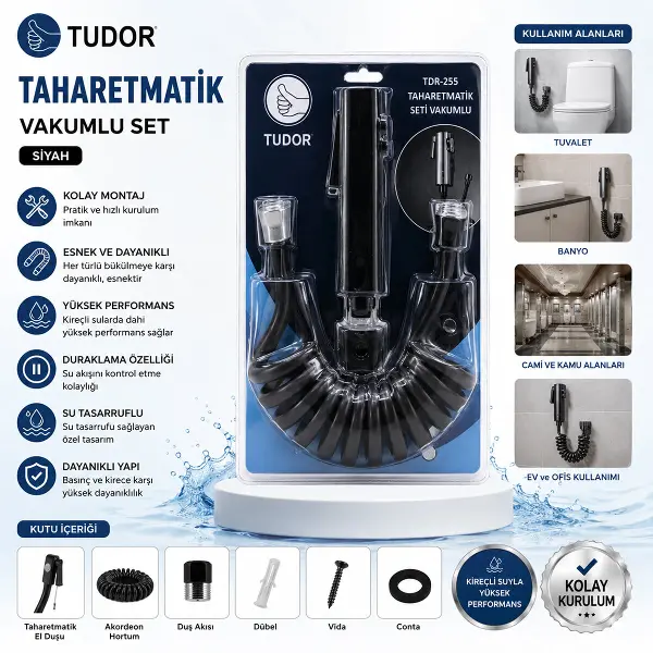 SİYAH TAHARATMATİK SETİ TAHARATMETİK EL DUŞU- HORTUM - MAFSAL VAKUMLU SET (4745)