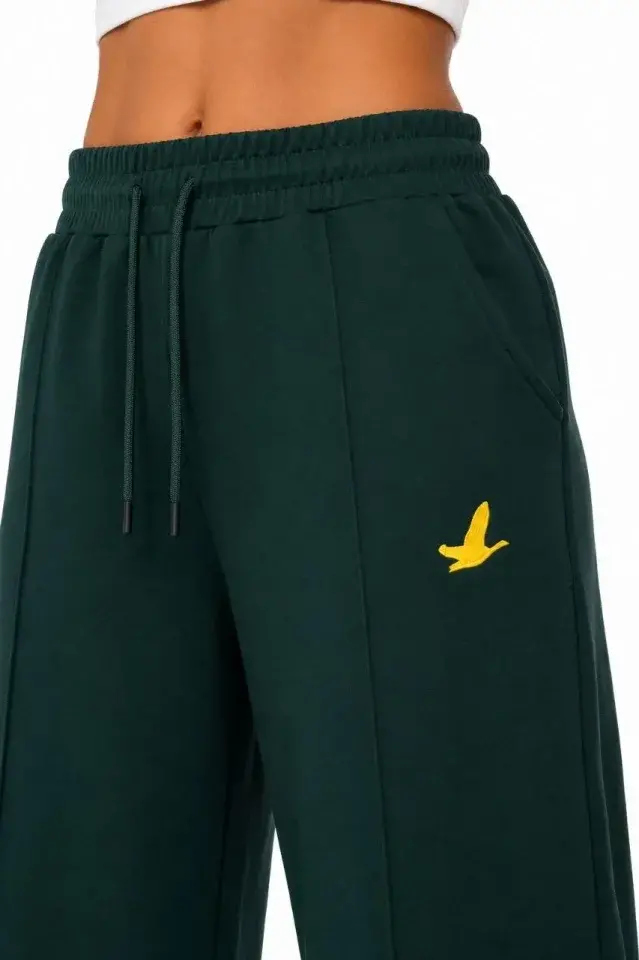 Osy Modal Yumuşak Dokulu Cima Dikişli Nakışlı Cepli Oversize Bol Paça Eşofman Altı - Yeşil-2