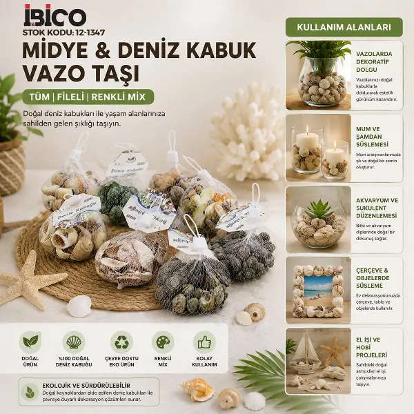 20 ADET FİLELİ RENKLİ MİX EKO MİDYE - DENİZ KABUK VAZO TAŞI (4745)
