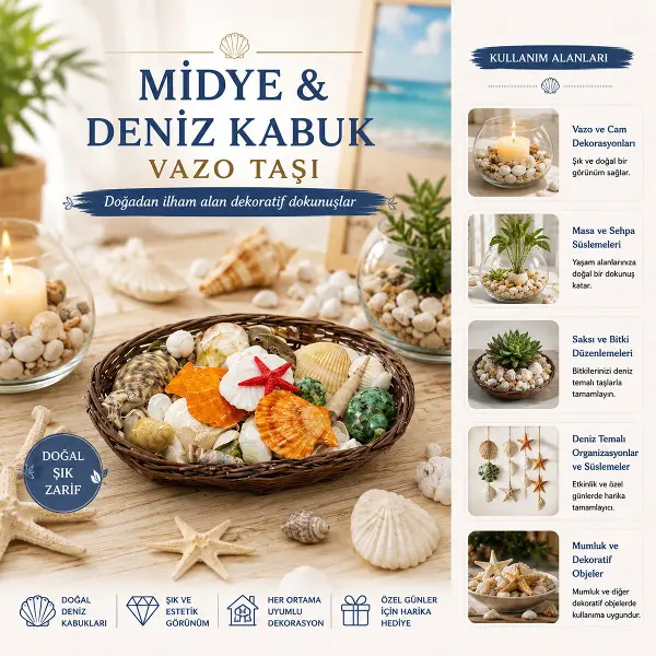 OVAL AHŞAP SEPET RENKLİ MİX MİDYE - DENİZ KABUK VAZO TAŞI (4745)