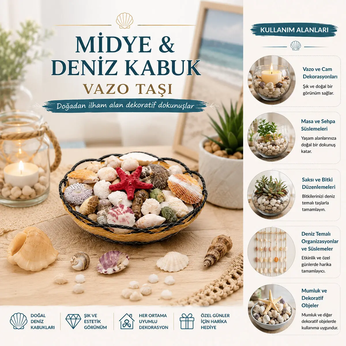 AHŞAP YUVARLAK SEPET - FİLELİ RENKLİ MİX MİDYE - DENİZ KABUK VAZO TAŞI (4745)
