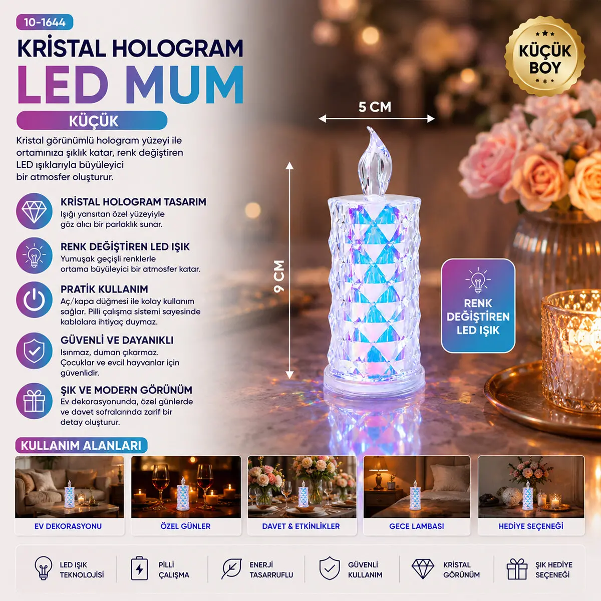 12 ADET LED CANDLE KAMP KÜÇÜK BOY= ÇAP:5CM - Y: 9CM PİLLİ LED MUM MİKA KRİSTAL PLASTİK YAKUT-13635 (4745)-2