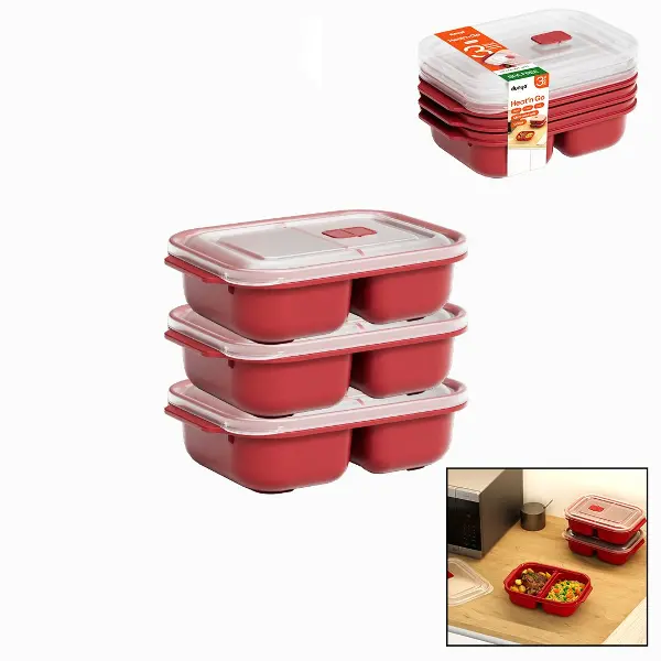 3 PCS KIRMIZI BÖLME DİKDÖRTGEN SAKLAMA KABI SETİ 1200ML (4745)
