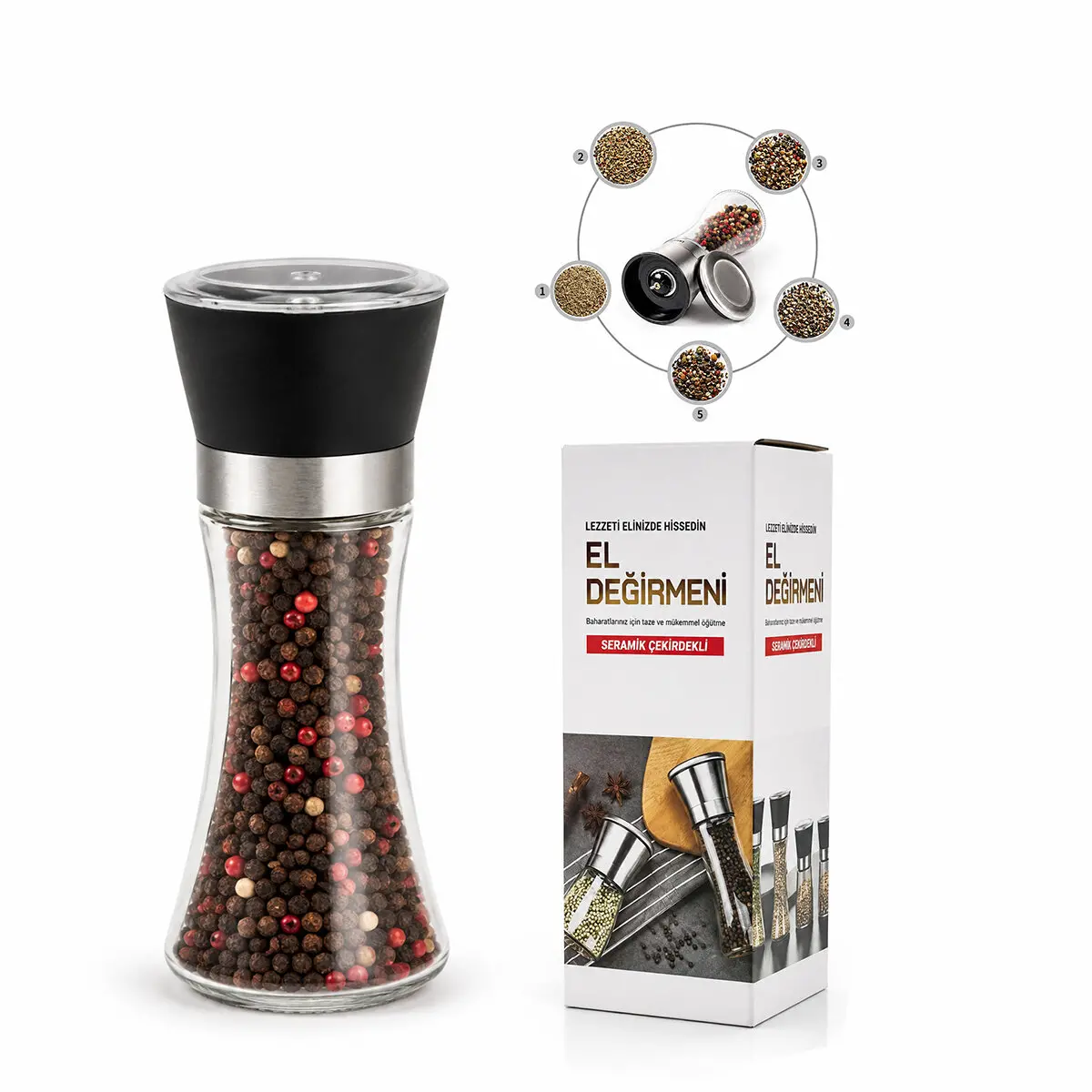 HAND GRINDER BÜYÜK CAM HAZNELİ - PLS.KAPAKLI - KROM BELLİ TUZ - BAHARAT ÖĞÜTÜCÜ (4745)