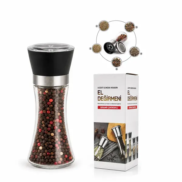 HAND GRINDER BÜYÜK CAM HAZNELİ - PLS.KAPAKLI - KROM BELLİ TUZ - BAHARAT ÖĞÜTÜCÜ (4745)
